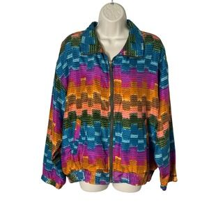 East West Silks Vintage Multicolor Geometric Silk‎ Jacket Zip Front Small